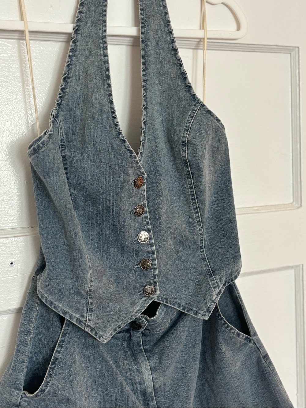 Women's Denim Halter Romper - Washed Blue